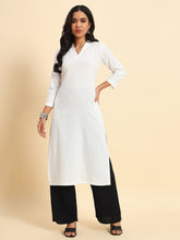 Thread Plus Cotton Flax Straight Kurti In White Color For Women